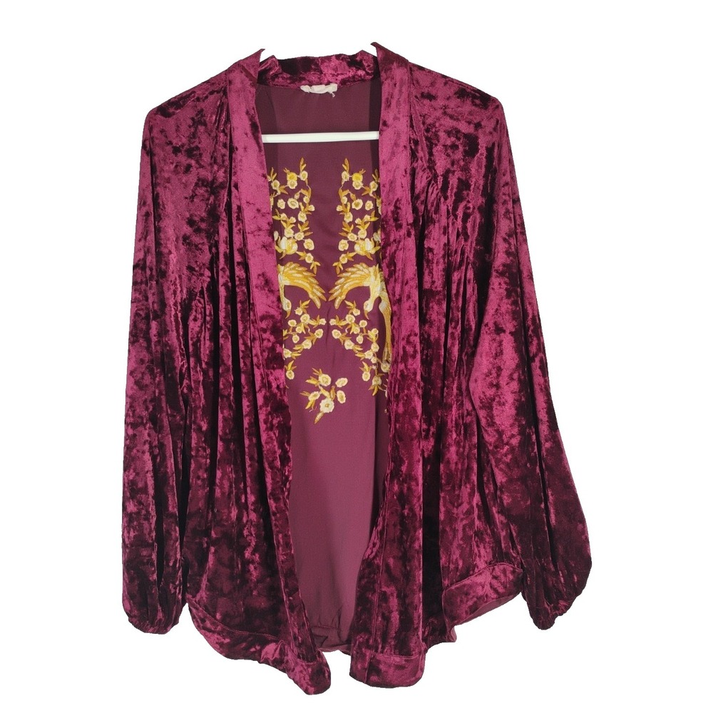 Oddy Womens One Size (S M L) Burgundy Velvet Phoenix Open Front Cover Up Jacket